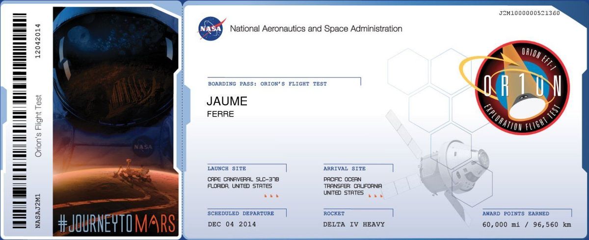 Boarding passes del vuelo de prueba Orion Tarjetas de embarque virtuales para el vuelo Orion