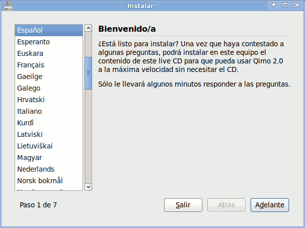 Selección de idioma del asistente