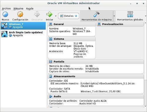 VirtualBox con W7 y ARCH Virtualbox