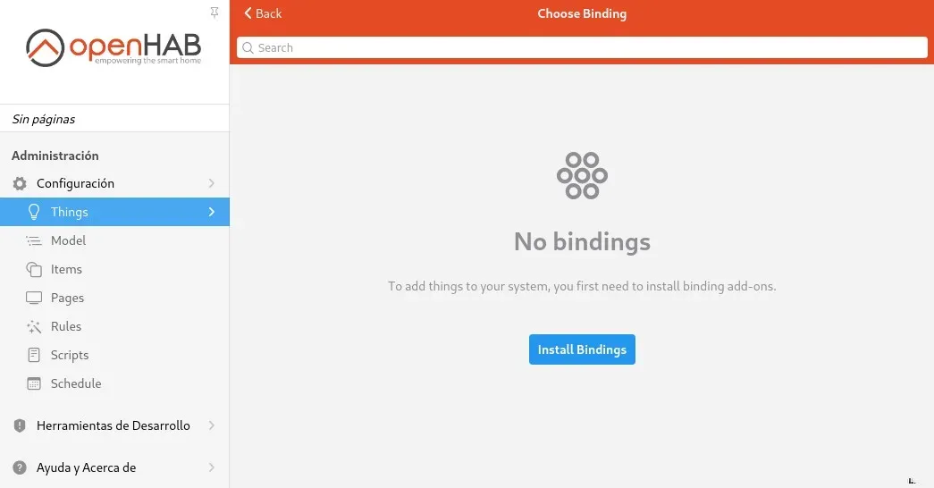 Pantalla inicial de OpenHAB 3 mostrando la sección Things