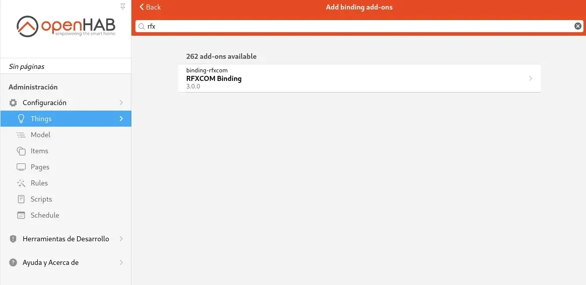 Instalación del binding RFXCOM en OpenHAB 3