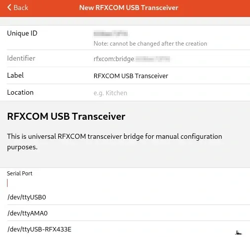 Configurar puerto serie RFXCOM USB Transceiver
