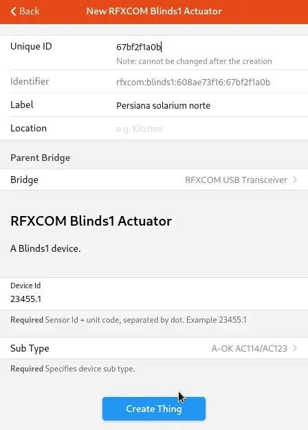 Configurar RFXCOM Blinds1 Actuator