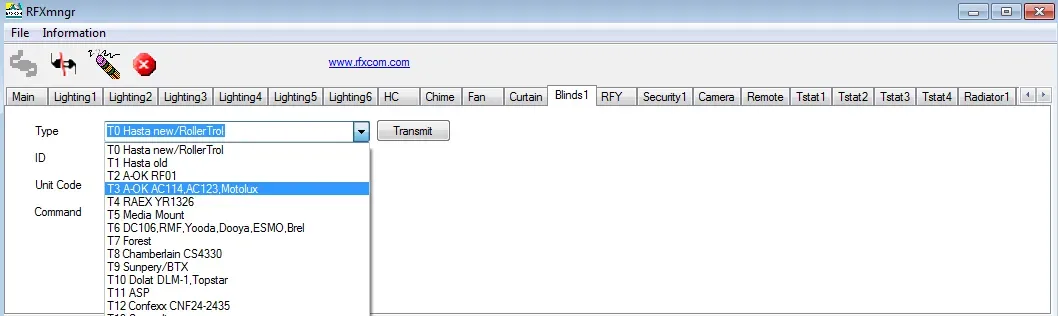 Seleccionar tipo de motor A-OK en RFXmgr