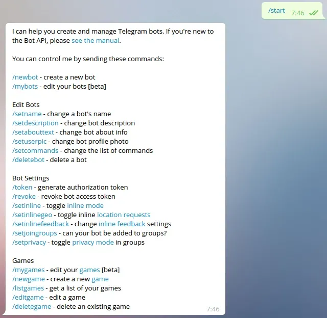 Iniciar creación del bot Comando /start en BotFather