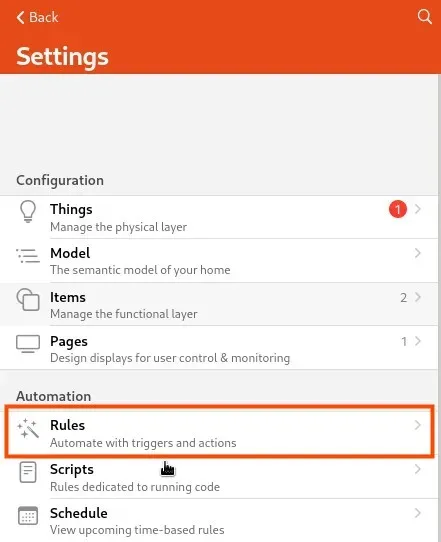 Acceder al menú de reglas Menú de reglas en OpenHAB 3
