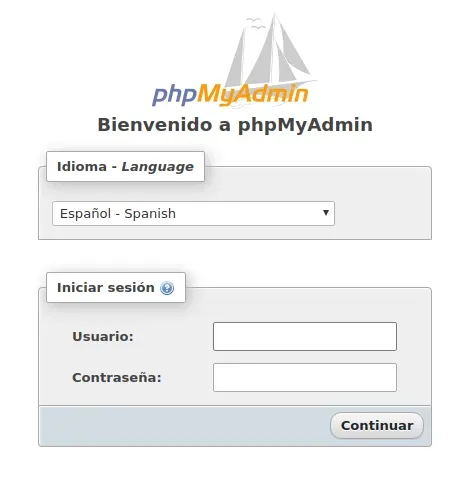 Pantalla de login de phpMyAdmin Ventana de acceso a phpMyAdmin